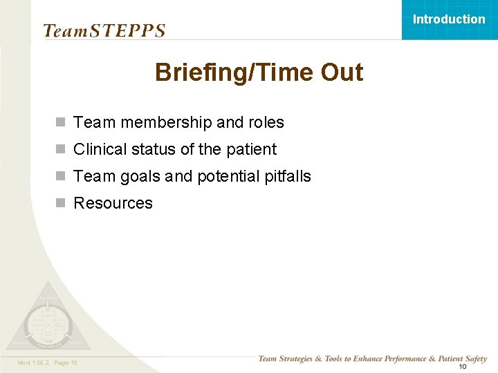 Introduction Briefing/Time Out n Team membership and roles n Clinical status of the patient