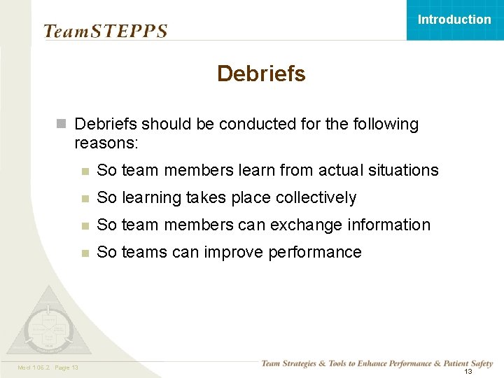 Introduction Debriefs should be conducted for the following reasons: Mod 1 06. 2 05.