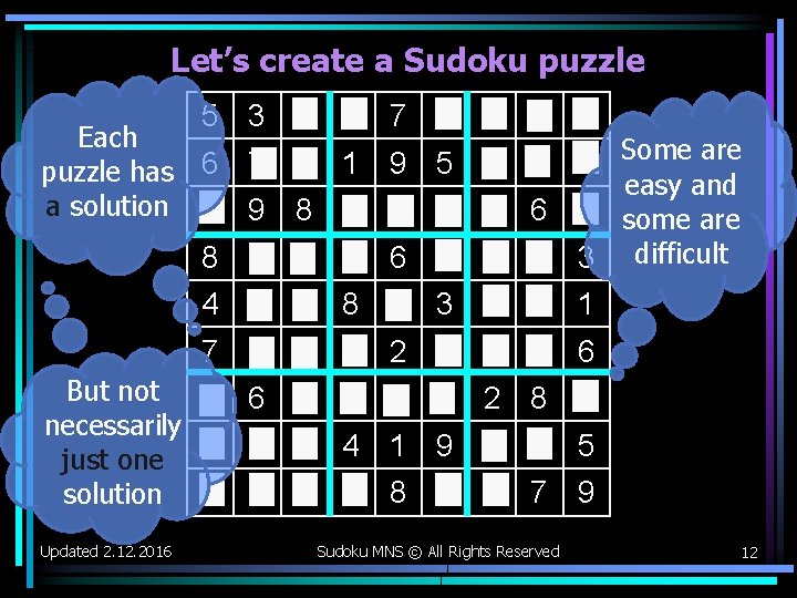 Let’s create a Sudoku puzzle 5 3 4 6 7 8 9 1 2 Let’s create a Sudoku puzzle 5 3 4 6 7 8 9 1 2