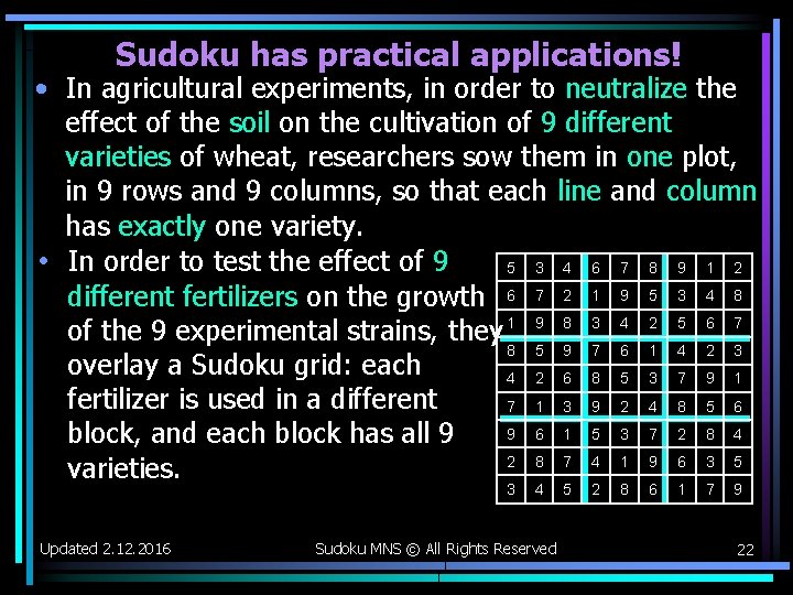 Sudoku has practical applications! • In agricultural experiments, in order to neutralize the effect Sudoku has practical applications! • In agricultural experiments, in order to neutralize the effect