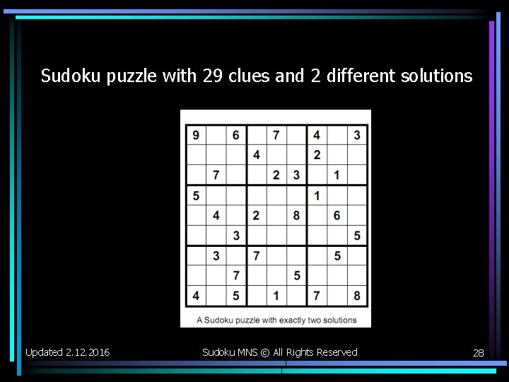 Sudoku puzzle with 29 clues and 2 different solutions Updated 2. 12. 2016 Sudoku Sudoku puzzle with 29 clues and 2 different solutions Updated 2. 12. 2016 Sudoku