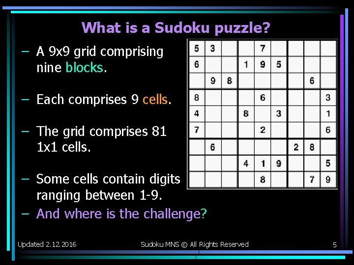 What is a Sudoku puzzle? – A 9 x 9 grid comprising nine blocks. What is a Sudoku puzzle? – A 9 x 9 grid comprising nine blocks.