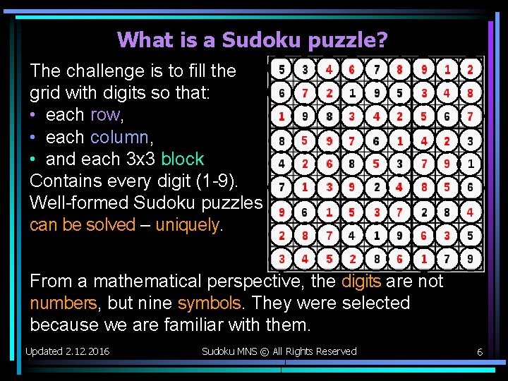 What is a Sudoku puzzle? The challenge is to fill the grid with digits What is a Sudoku puzzle? The challenge is to fill the grid with digits