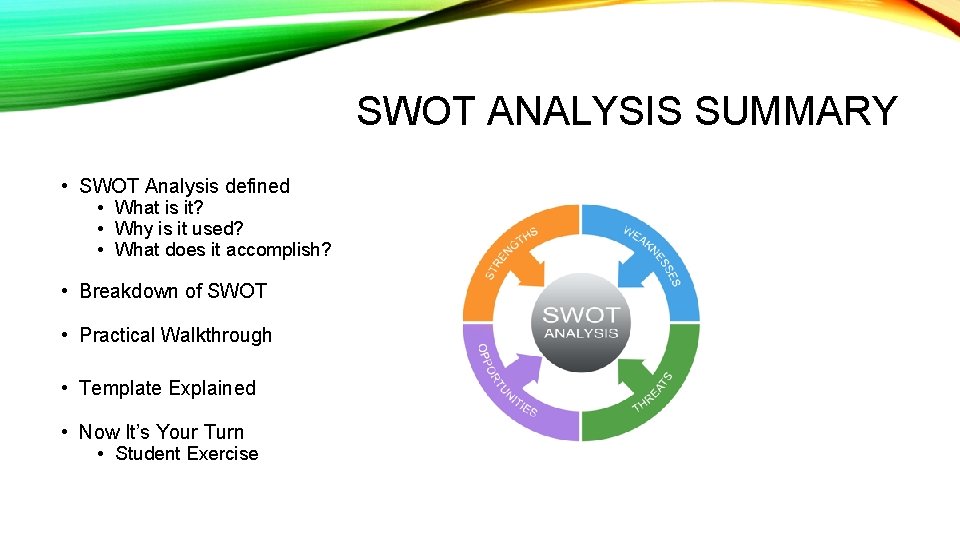 SWOT ANALYSIS SUMMARY • SWOT Analysis defined • What is it? • Why is