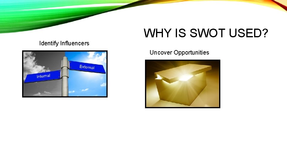 WHY IS SWOT USED? Identify Influencers Uncover Opportunities 