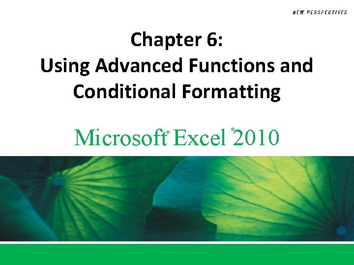 Chapter 6: Using Advanced Functions and Conditional Formatting Microsoft Excel 2010 ® ® 