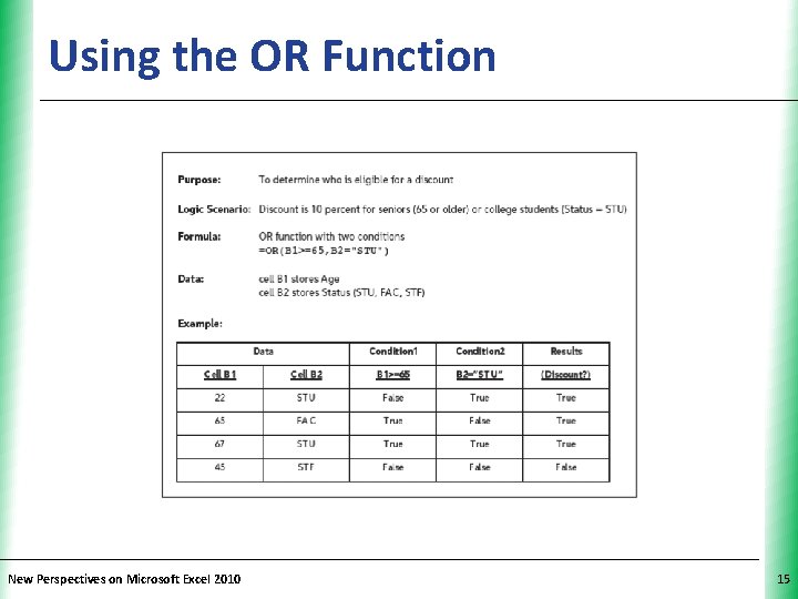 Using the OR Function New Perspectives on Microsoft Excel 2010 XP 15 