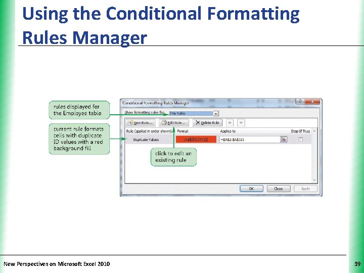 Using the Conditional Formatting Rules Manager New Perspectives on Microsoft Excel 2010 XP 39