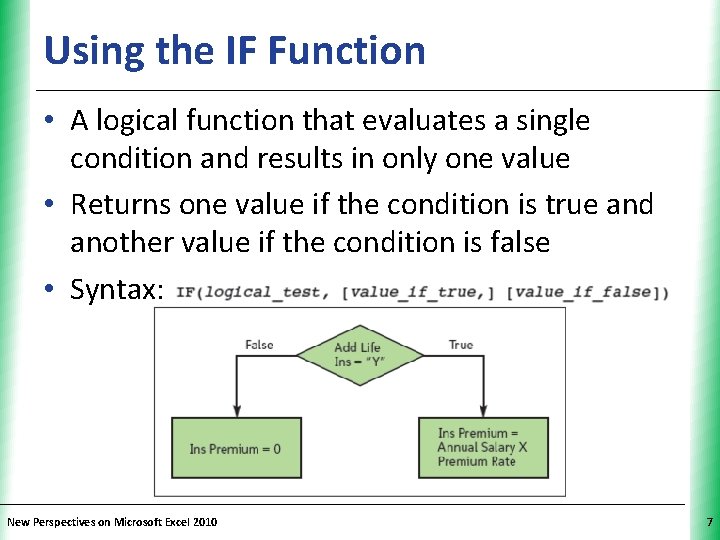 Using the IF Function XP • A logical function that evaluates a single condition