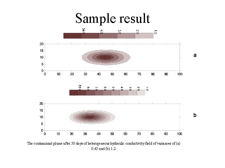 Sample result a b The contaminant plume after 50 days of heterogeneous hydraulic conductivity