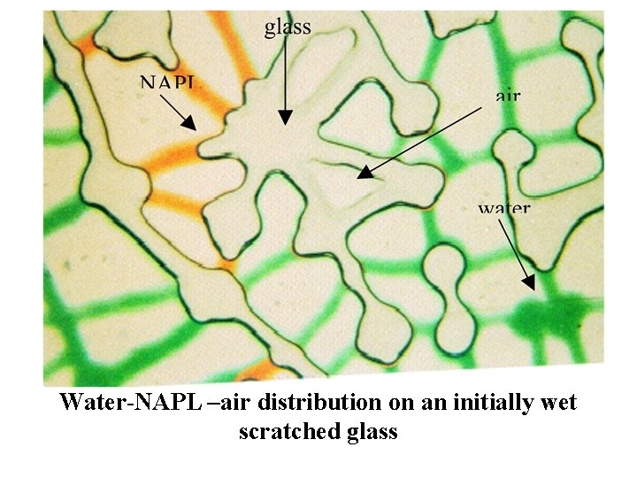 Water-NAPL –air distribution on an initially wet scratched glass 