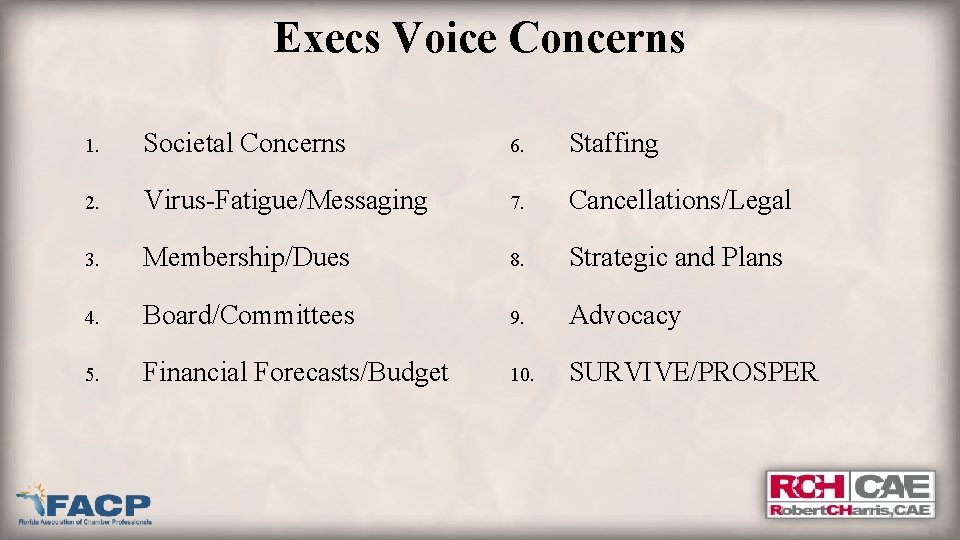 Execs Voice Concerns 1. Societal Concerns 6. Staffing 2. Virus-Fatigue/Messaging 7. Cancellations/Legal 3. Membership/Dues