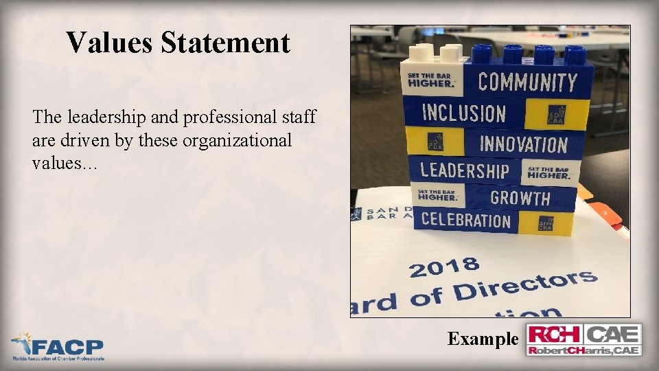 Values Statement The leadership and professional staff are driven by these organizational values… Example