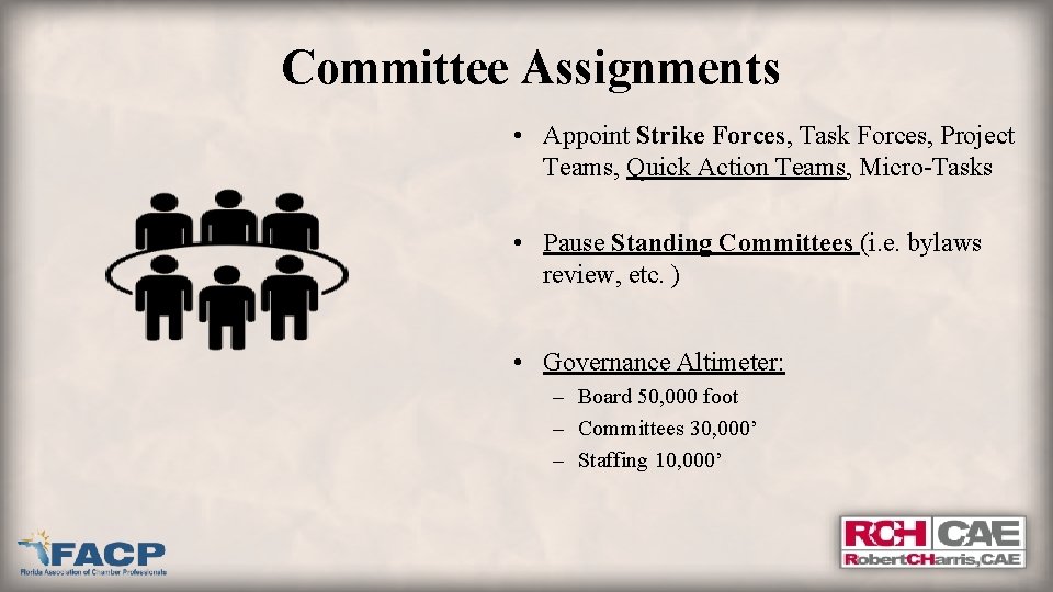 Committee Assignments • Appoint Strike Forces, Task Forces, Project Teams, Quick Action Teams, Micro-Tasks