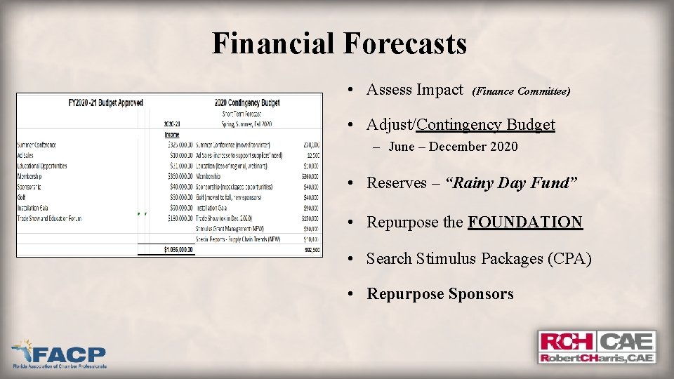 Financial Forecasts • Assess Impact (Finance Committee) • Adjust/Contingency Budget – June – December