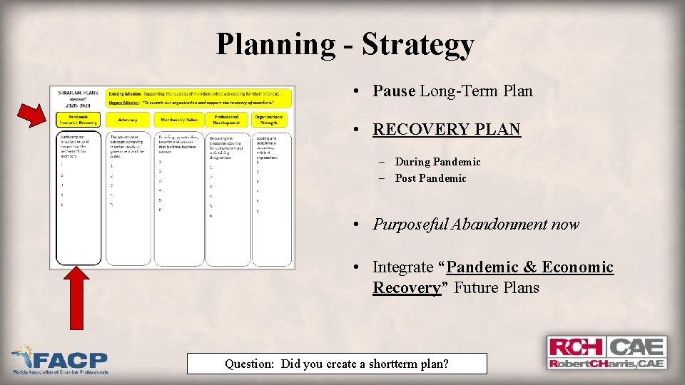 Planning - Strategy • Pause Long-Term Plan • RECOVERY PLAN – During Pandemic –