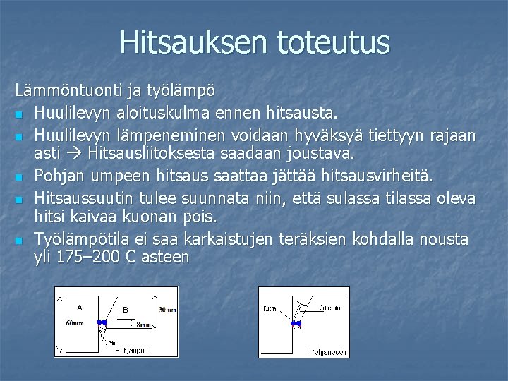 Hitsauksen toteutus Lämmöntuonti ja työlämpö n Huulilevyn aloituskulma ennen hitsausta. n Huulilevyn lämpeneminen voidaan