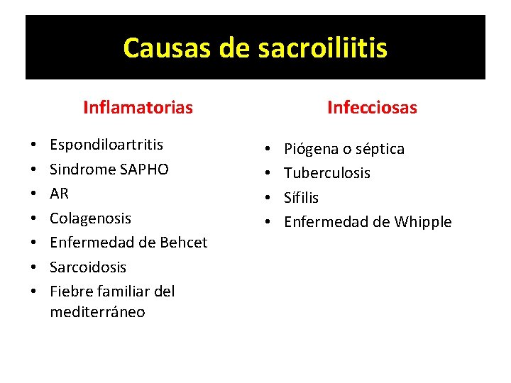 Causas de sacroiliitis Inflamatorias • • Espondiloartritis Sindrome SAPHO AR Colagenosis Enfermedad de Behcet