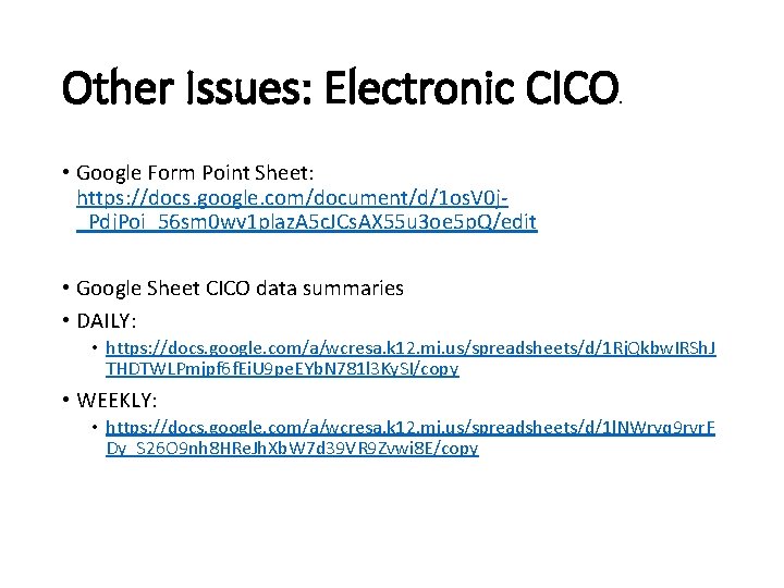 Other Issues: Electronic CICO 2 • Google Form Point Sheet: https: //docs. google. com/document/d/1