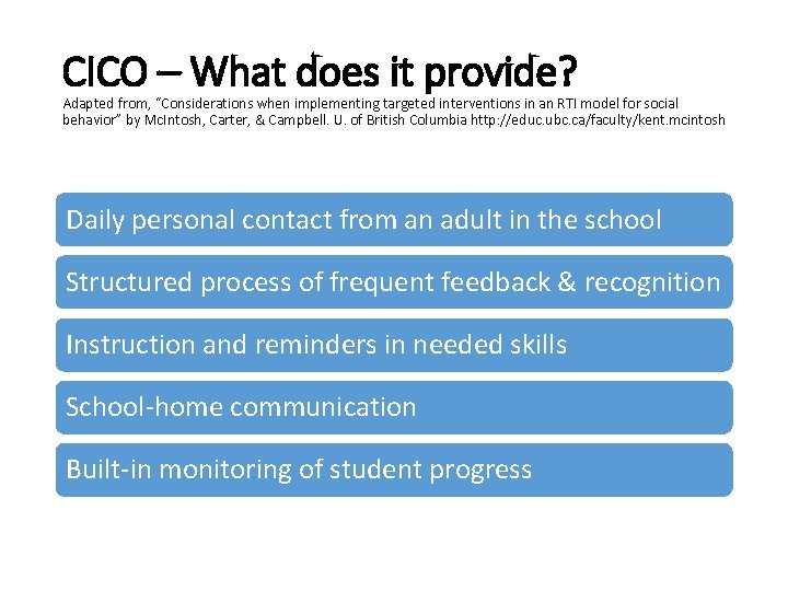 CICO – What does it provide? Adapted from, “Considerations when implementing targeted interventions in