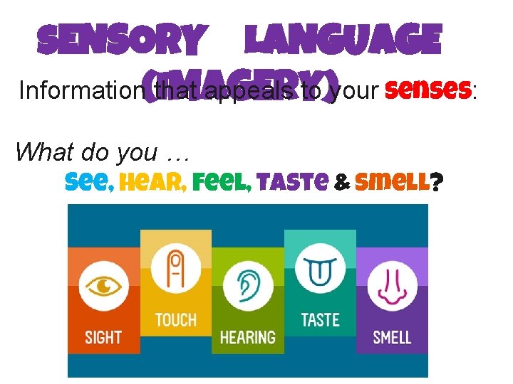 SENSORY LANGUAGE Information(I that appeals to )your senses: MAGERY What do you … See,