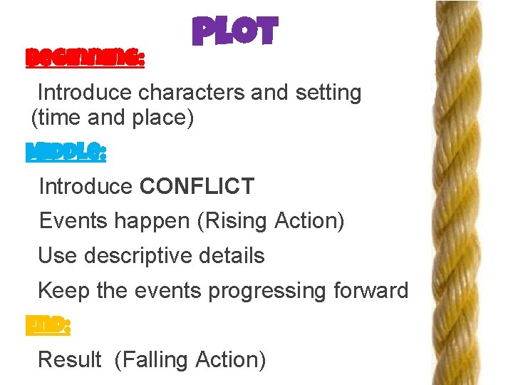 Beginning: plot Introduce characters and setting (time and place) Middle: Introduce CONFLICT Events happen