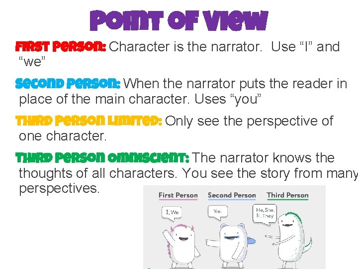 Point of View First Person: Character is the narrator. Use “I” and “we” Second