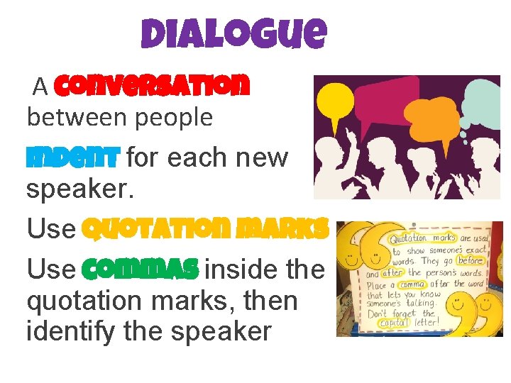 Dialogue A conversation between people Indent for each new speaker. Use quotation marks Use