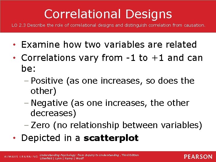 Correlational Designs LO 2. 3 Describe the role of correlational designs and distinguish correlation