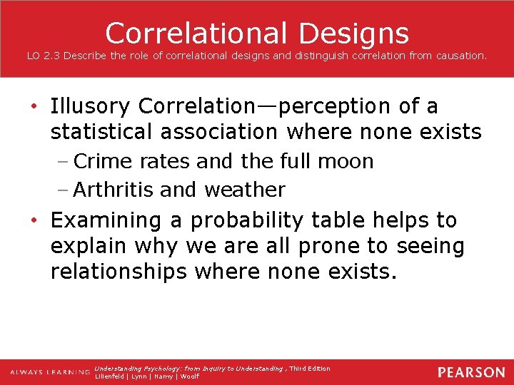 Correlational Designs LO 2. 3 Describe the role of correlational designs and distinguish correlation