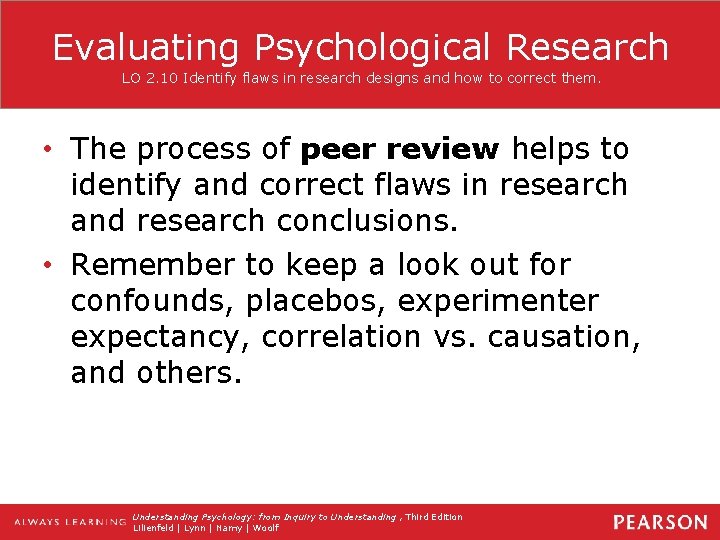 Evaluating Psychological Research LO 2. 10 Identify flaws in research designs and how to