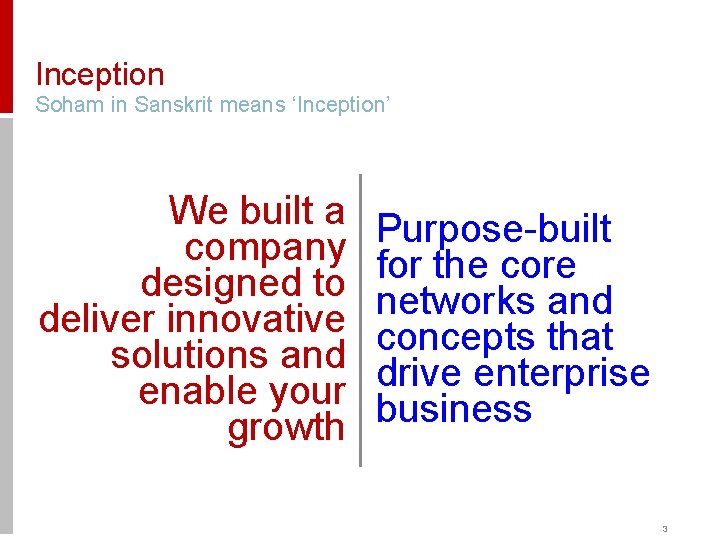 Inception Soham in Sanskrit means ‘Inception’ We built a company designed to deliver innovative