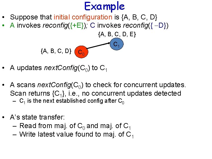 Example • Suppose that initial configuration is {A, B, C, D} • A invokes