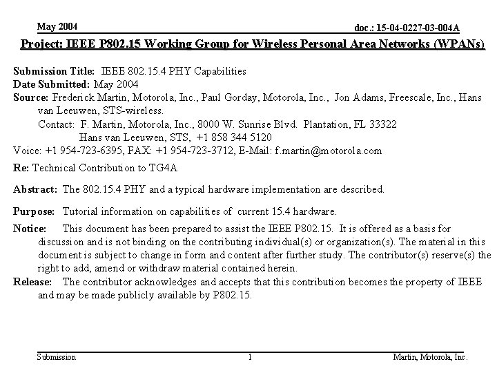 May 2004 doc. : 15 -04 -0227 -03 -004 A Project: IEEE P 802.