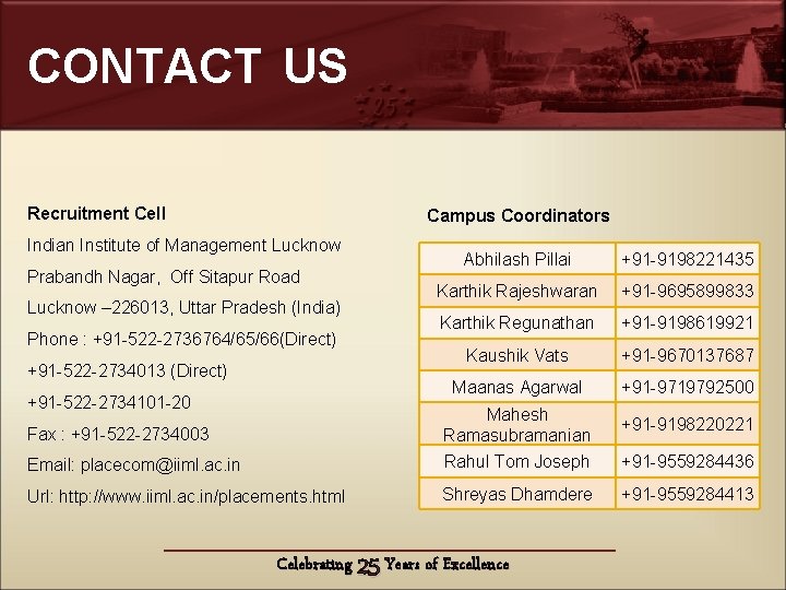 CONTACT US Recruitment Cell Campus Coordinators Indian Institute of Management Lucknow Abhilash Pillai +91