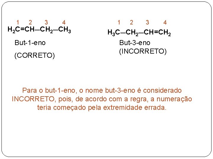 1 2 3 4 H 2 C=CH—CH 2—CH 3 But-1 -eno (CORRETO) 1 2