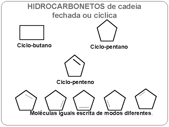 HIDROCARBONETOS de cadeia fechada ou cíclica Ciclo-butano Ciclo-penteno Moléculas iguais escrita de modos diferentes.