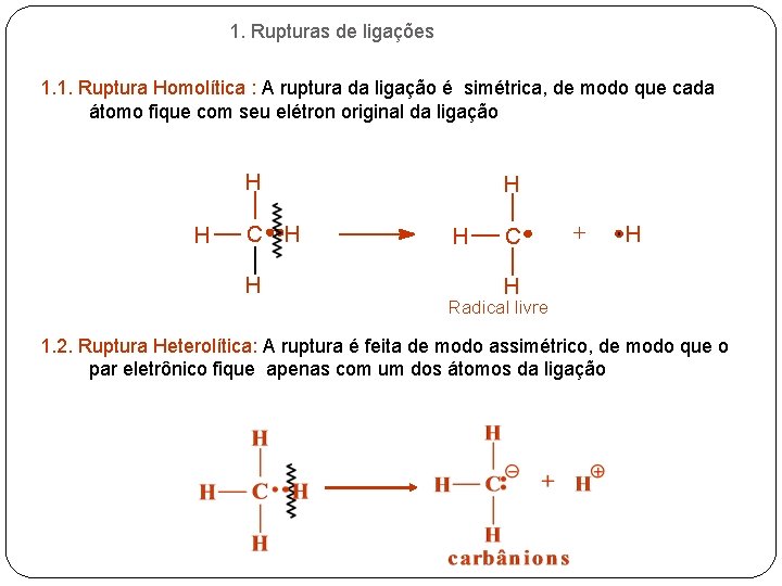 1. Rupturas de ligações 1. 1. Ruptura Homolítica : A ruptura da ligação é