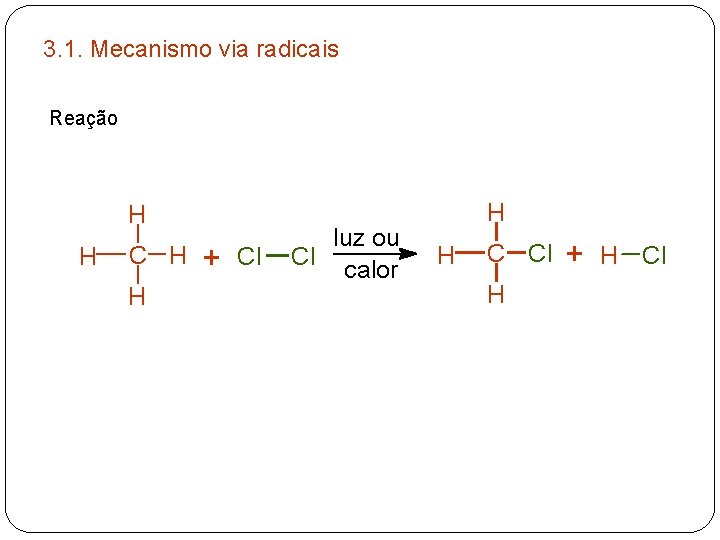 3. 1. Mecanismo via radicais Reação H H C H H + Cl luz