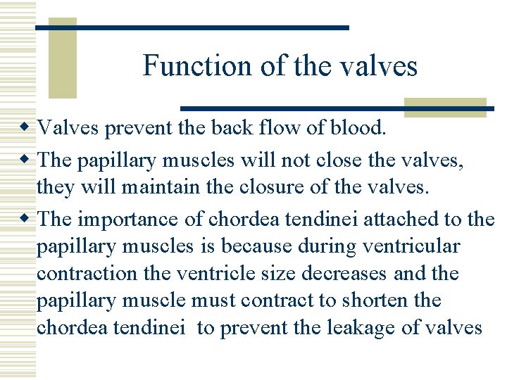 Function of the valves w Valves prevent the back flow of blood. w The