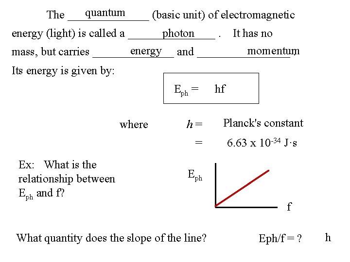 quantum The _______ (basic unit) of electromagnetic energy (light) is called a ________. photon