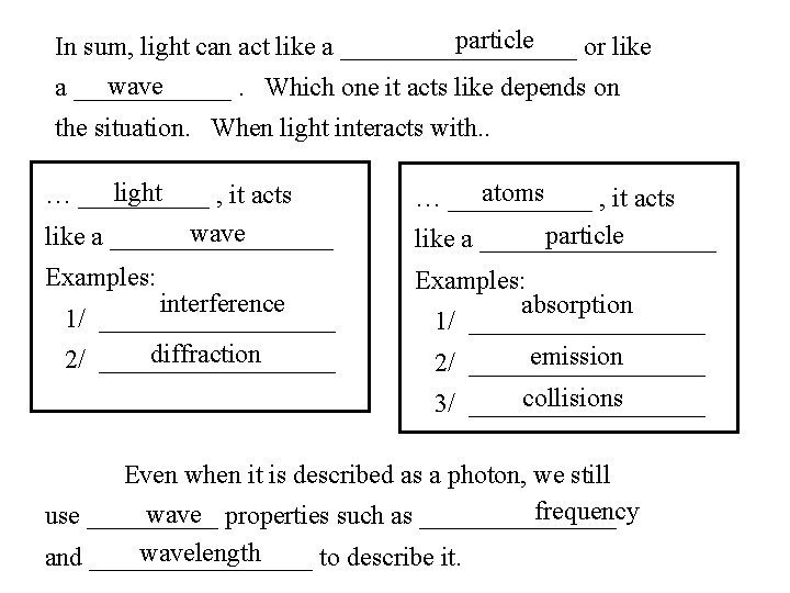 particle In sum, light can act like a _________ or like wave a ______.