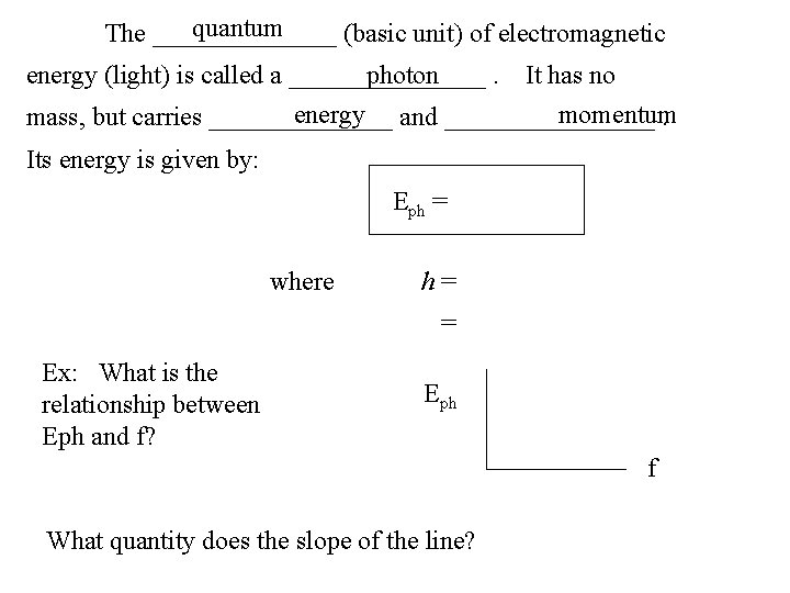 quantum The _______ (basic unit) of electromagnetic energy (light) is called a ________. photon