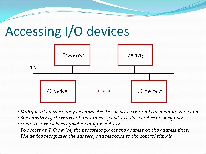 Accessing I/O devices Processor Memory Bus I/O device 1 I/O device n • Multiple