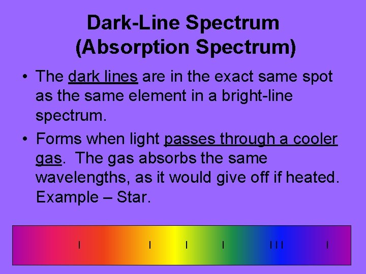 Dark-Line Spectrum (Absorption Spectrum) • The dark lines are in the exact same spot