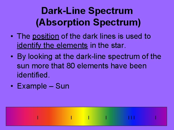 Dark-Line Spectrum (Absorption Spectrum) • The position of the dark lines is used to