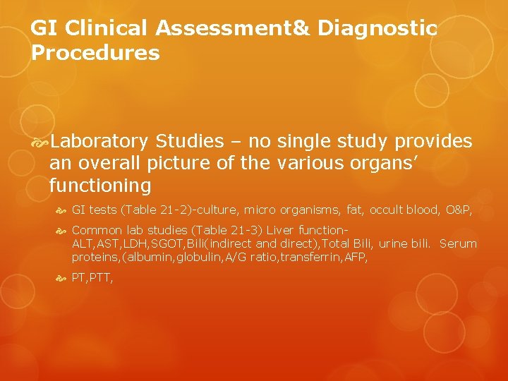 GI Clinical Assessment& Diagnostic Procedures Laboratory Studies – no single study provides an overall