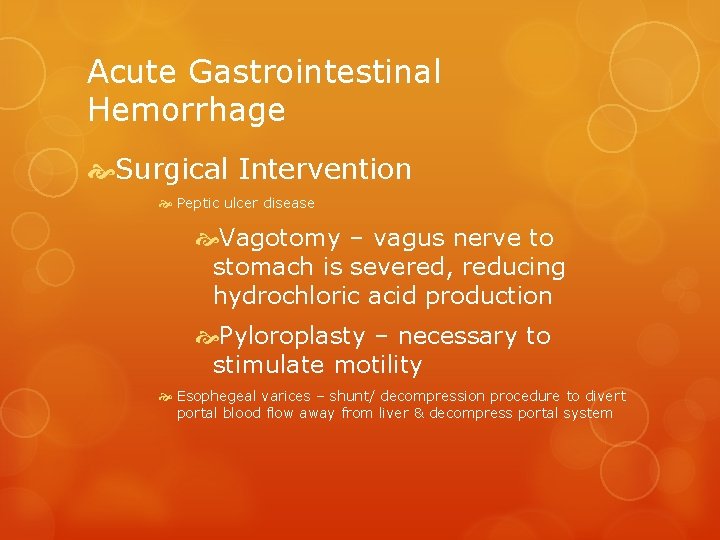 Acute Gastrointestinal Hemorrhage Surgical Intervention Peptic ulcer disease Vagotomy – vagus nerve to stomach