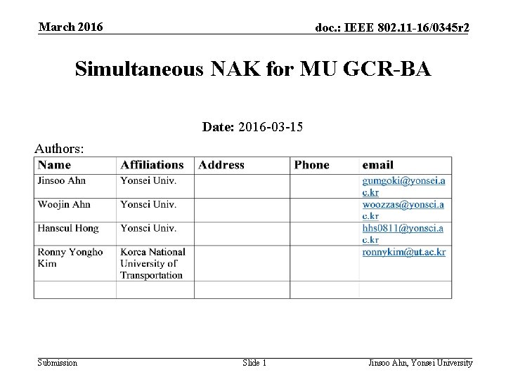 March 2016 doc. : IEEE 802. 11 -16/0345 r 2 Simultaneous NAK for MU