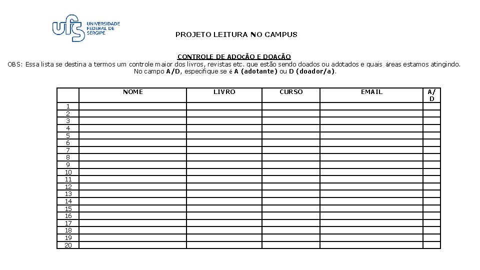 PROJETO LEITURA NO CAMPUS CONTROLE DE ADOÇÃO E DOAÇÃO OBS: Essa lista se destina